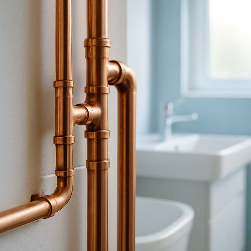 Tubería de cobre recién instalada en un cuarto de baño