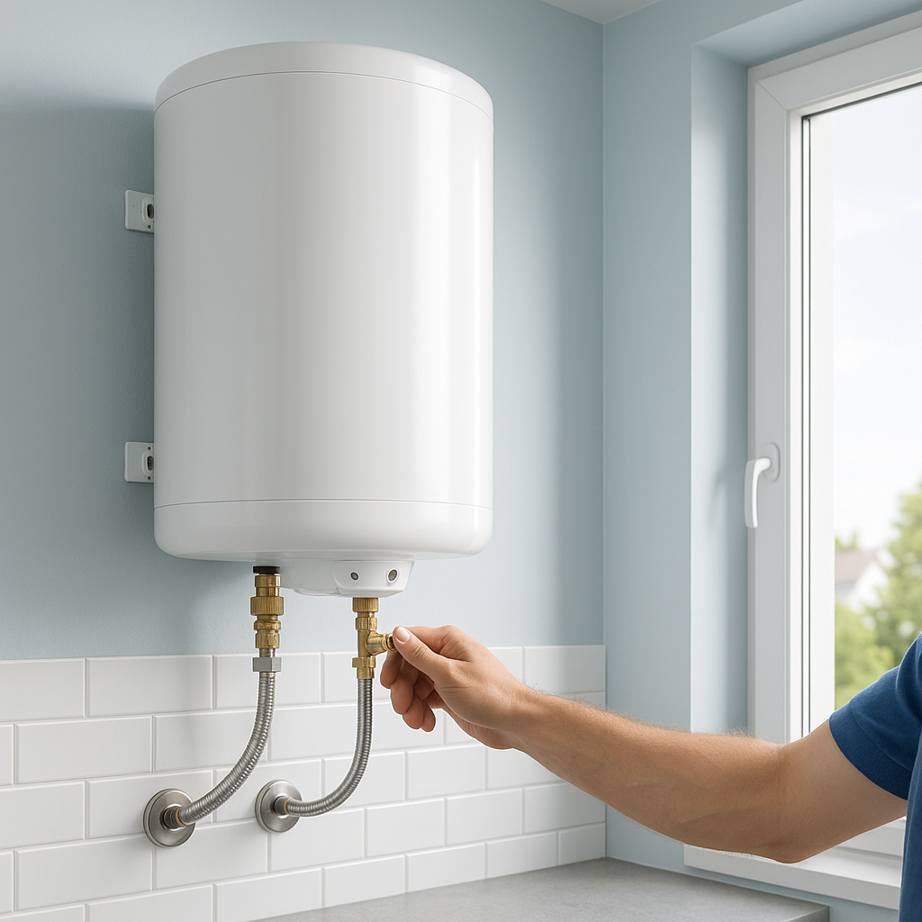 Calentador de agua reparado y en funcionamiento en una cocina
